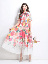 Bubble Short Sleeve Stitching Printed Medium-long Dress
