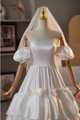 White Satin Strapless Puff Sleeve Wedding Dress