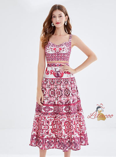 Blue and White Printed Suspender Vest+Length Skirt