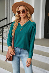 Solid Color V-neck Button Loose Long Sleeve T-shirt