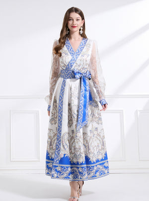 Retro Palace Printed Long Bubble Sleeve Dress