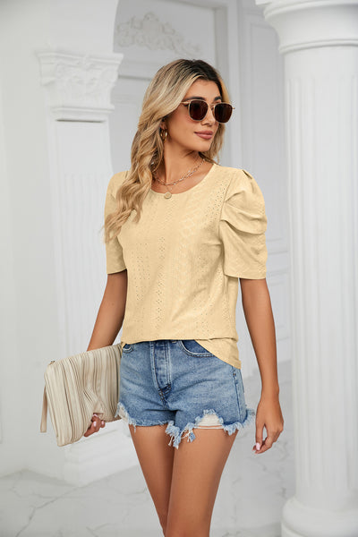 Solid Color Round Neck Pleated Loose T-shirt