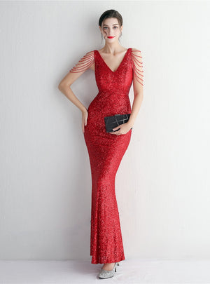 Mermaid Sequins V-neck Beading Prom Dress