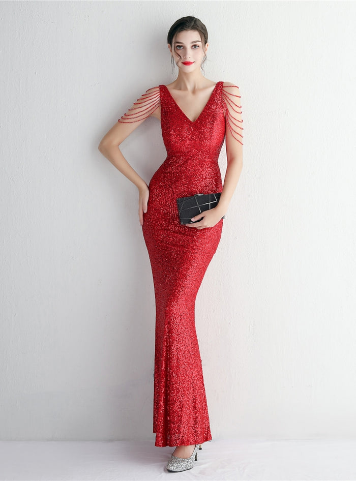 Mermaid Sequins V-neck Beading Prom Dress