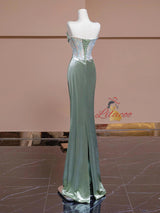 Green Mermaid Strapless Pleats Prom Dress