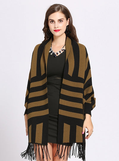 Bat Sleeve Striped Tassel Knitted Shawl Coat