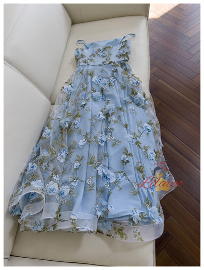 Blue Tulle Print 3D Flower Prom Dress