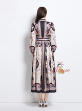 Retro Breasted Print Long Sleeve Dress