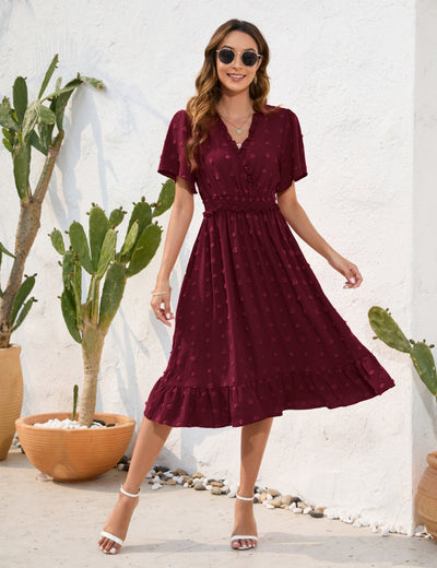 V-neck High Waist Short Sleeve Dress