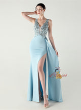 Mermaid V-neck Split Appliques Prom Dress