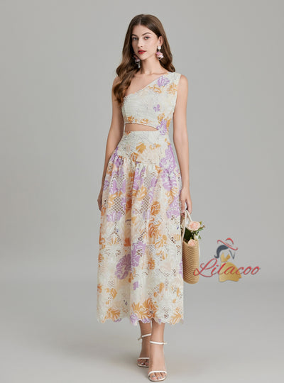 Embroidered Printed One-shoulder Slim Dress