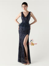 V-neck Mermaid Sequins Feather Prom Dress