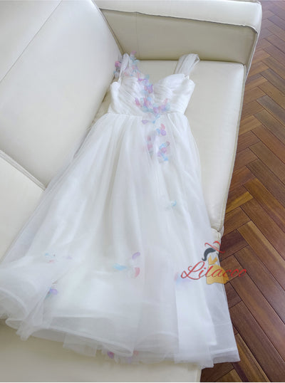 White Tulle Flower Pleats Prom Dress