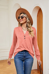 Solid Color V-neck Button Long Sleeve T-shirt