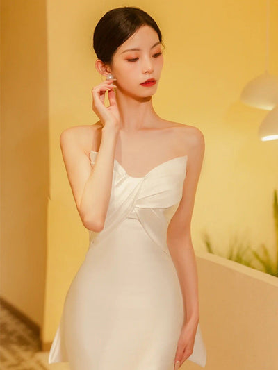 White Mermaid Satin Pleats Wedding Dress