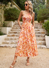 One Shoulder Printed Pocket Long Dress