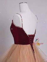 Champagne Tulle Burgundy Velvet Beading Prom Dress
