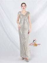 V-neck Sequins Cap Sleeve Beading Prom Dress