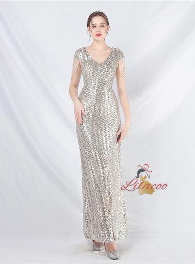 V-neck Sequins Cap Sleeve Beading Prom Dress