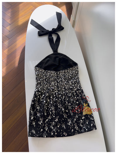 Black Halter Sequins Beading Prom Dress