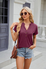 Solid Color V-neck Button Short Sleeve T-shirt