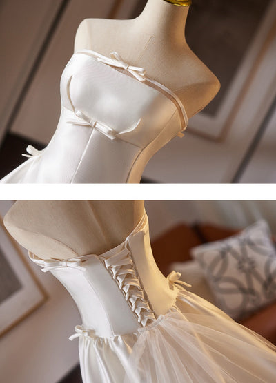 White Satin Strapless Bow Wedding Dress