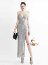 Spaghetti Straps Sequins Split Prom Dress