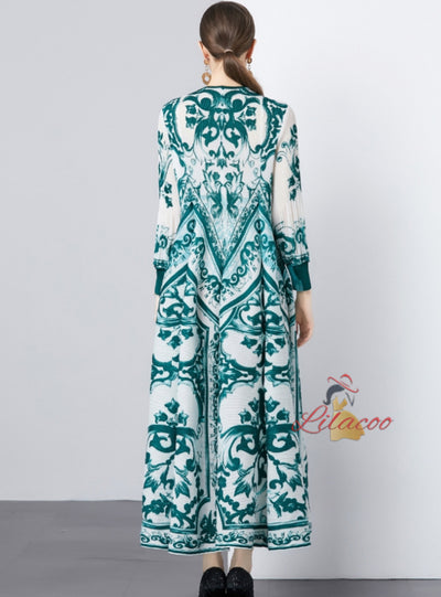 Ethnic Blue and White Porcelain Printed Pleated Dress