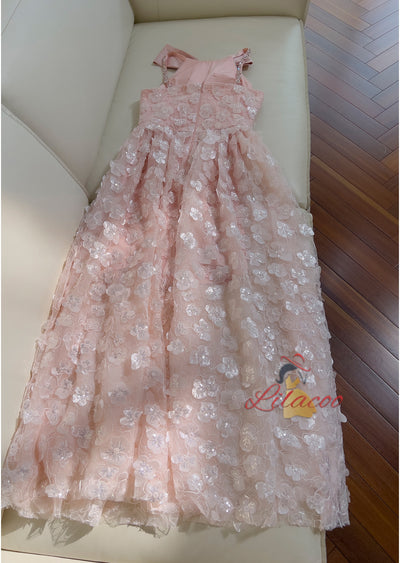 Pink Tulle 3D Flower Straps Bow Prom Dress