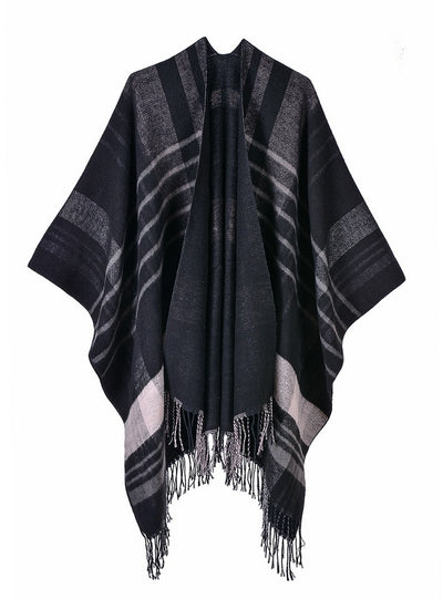 Cashmere-like Warm Shawl with Plaid Tassels