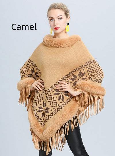 Flower Jacquard Fur Collar Fringed Shawl