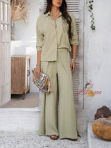 Casual Solid Color Shirt Wide-leg Trousers Suit