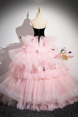 Black Velvet and Pink Tulle Strapless Prom Dress