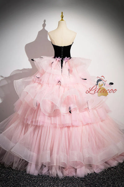 Black Velvet and Pink Tulle Strapless Prom Dress