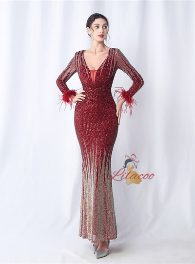 Burgundy Long Sleeve Sequins Prom Dress