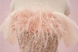 Champagne Tulle Sequins Beading Feather Prom Dress