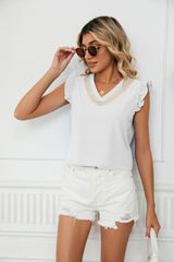 Contrast Color V-neck Short Sleeve Loose Chiffon Top