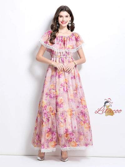 Off the Shoulder Flounced Printed Dress