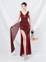 V-neck Sequins Split Prom Dress