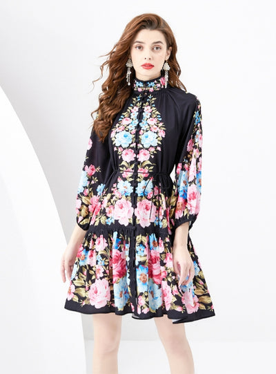 Retro Painted Lantern Sleeve Wavy Printed Dress