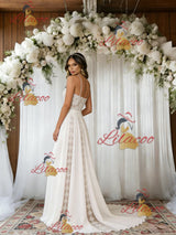 White Lace Chiffon Spaghetti Straps Wedding Dress