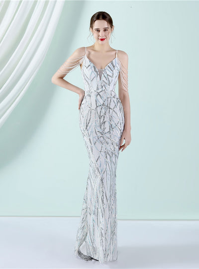 Sling Sequins Beading Long Slim Dress