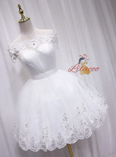 White Tulle Lace Beading Homecoming Dress