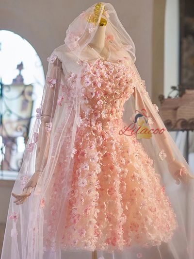 Pink Tulle Strapless 3D Flower Homecoming Dress