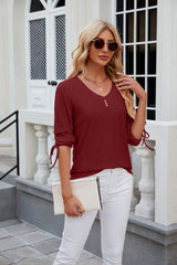 Button V-neck Solid Color Loose T-shirt