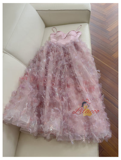 Pink Sequins Straps Sequins Flower Prom Dress