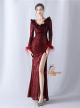 Long Sleeve V-neck Sequins Prom Dress