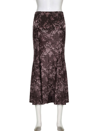 Retro Printed High Waist Slim Velvet Skirt
