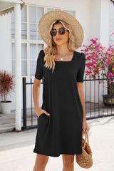 Solid Color V-neck Loose Short Sleeve Dress