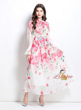 Lantern Sleeve Printed Chiffon Shirt+Skirt Suit